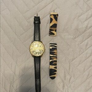 Guess Black and Gold Women's Watch with Animal Print Strap